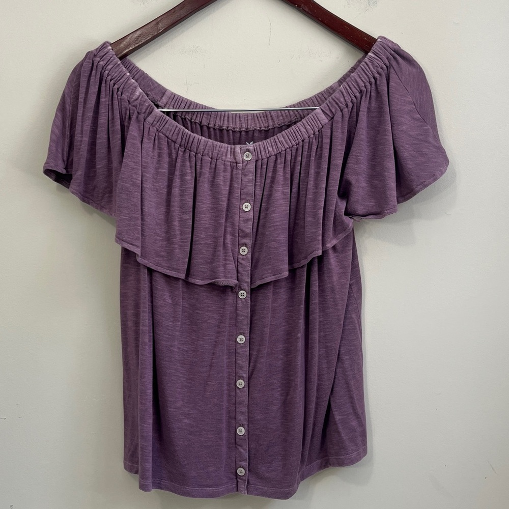 American Eagle Soft & Sexy Slub Off-Shoulder Ruffle Bottom Top Size Medium